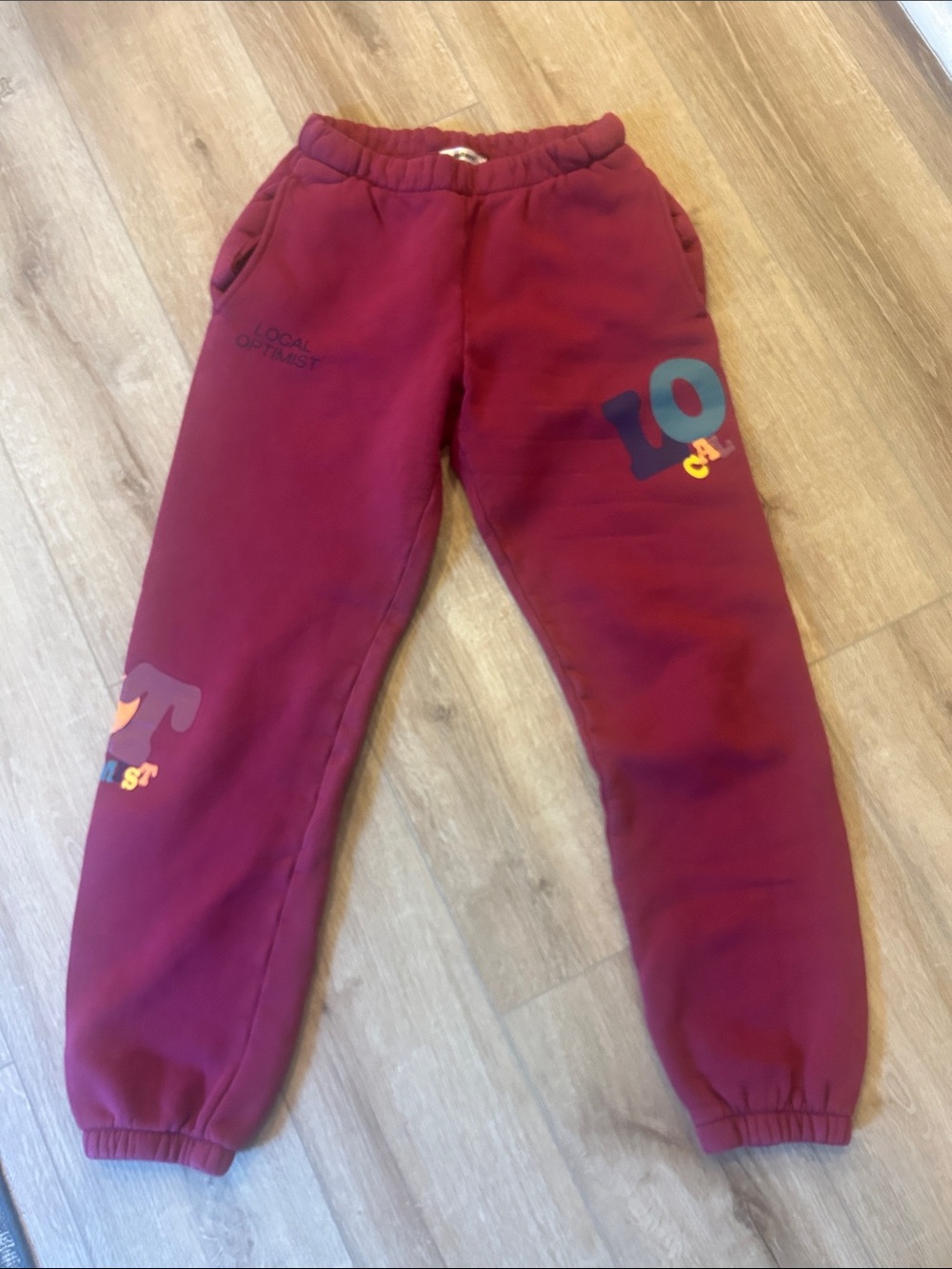Madhappy size S teen Maroon Sweatpants with Multicolor local optimist Lettering